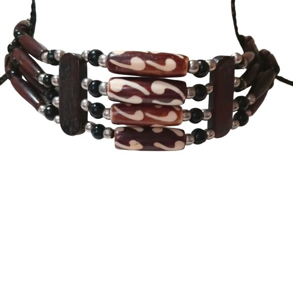 Brown Beaded Boho Choker Tribal Style Leather Tie Handmade - Picture 7 of 8